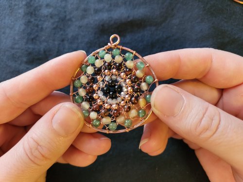 Jennifer Brooks's Dyer's Mushroom Netted Hoop Pendant - , Contemporary Wire Jewelry, Lashing, Wire Lashing, Wire Wrapping, Wrapping, Wire Wrapping Jewelry, , dyer's mushroom netted pendant